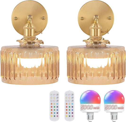 Shenmoyl Vintage Battery Operated Wall Sconce with Amber Striped Glass Lampshade 5000 mAh Rechargeable Battery Powered Wall Light with Remote Control for Bedside Bedroom Doorway, Set of 2