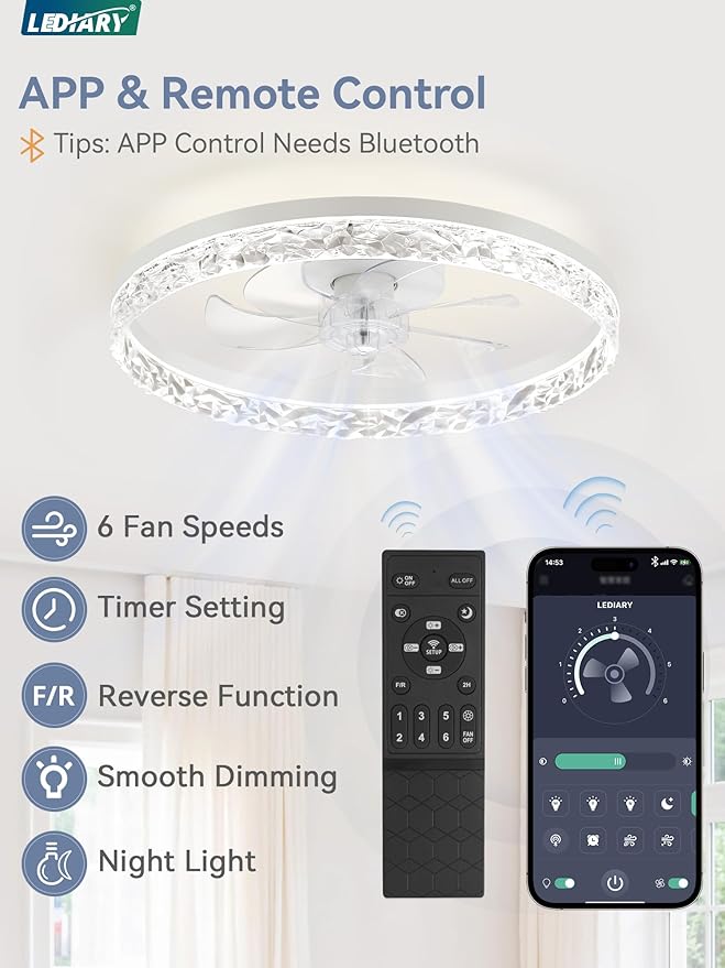 LEDIARY 20" Modern Ceiling Fans with Lights and Remote, Dimmable Low Profile Ceiling Fan, Flush Mount Ceiling Fan, Stepless Color Temperature Change and 6 Speeds - White