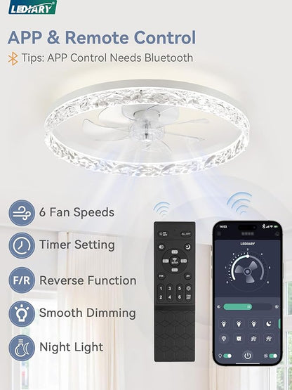 LEDIARY 20" Modern Ceiling Fans with Lights and Remote, Dimmable Low Profile Ceiling Fan, Flush Mount Ceiling Fan, Stepless Color Temperature Change and 6 Speeds - White