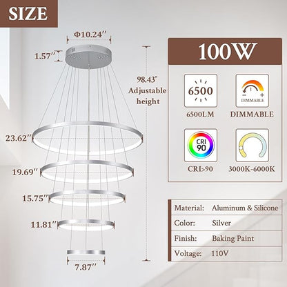 5 Ring Modern LED Chandelier Dimmable Silver High Ceiling Chandeliers for Foyer, LED Contemporary Large Pendant Lighting with Remote Control Circular for Living Room Staircase, 3000K-6500K
