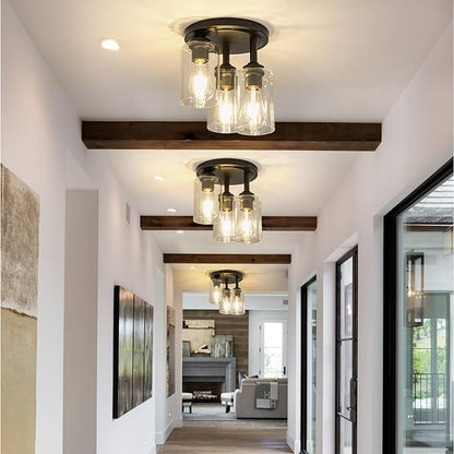 Mayful Semi Flush Mount Ceiling Light, 3-Light Black Fixture with Clear Glass Shade, Cluster Cylinder Design for Kitchen Dining Room Hallway Foyer Entryway