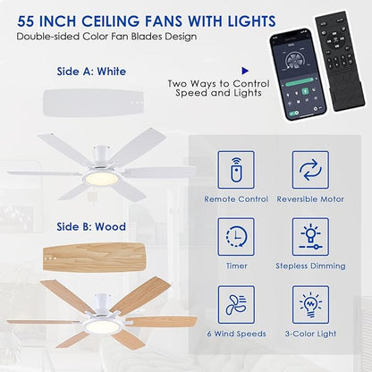 BYKISTOK 55In Flush Mount Ceiling Fan with RGB Light - White Modern Ceiling Fan with 6 Dual-Sided Blades, Reversible DC Motor, Low Profile Fan Light Fixture for Indoor Bedroom, Outdoor Patios