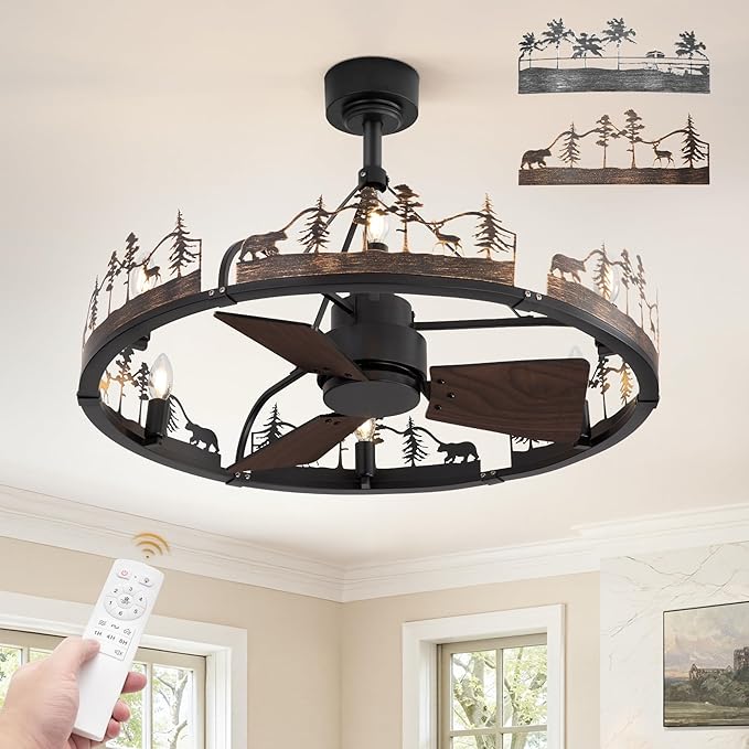 Fanbulous 30 Inch Farmhouse Rustic Ceiling Fan with Light and Remote, Black Chandelier Fan with Bear and Deer Design,Summer Sand Beach Design,Rustic Chandeliers for Living Room, Bedroom