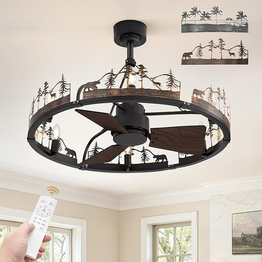 Fanbulous 30 Inch Farmhouse Rustic Ceiling Fan with Light and Remote, Black Chandelier Fan with Bear and Deer Design,Summer Sand Beach Design,Rustic Chandeliers for Living Room, Bedroom