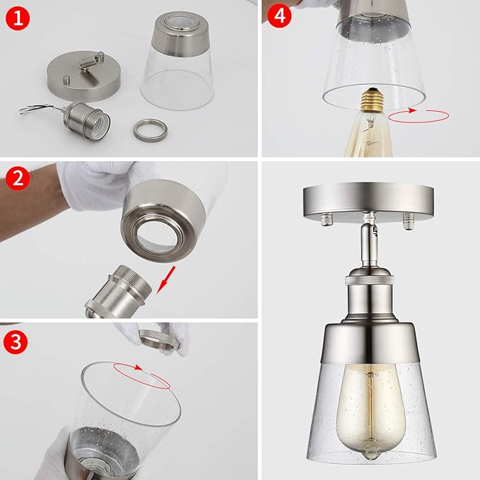 Fivess Lighting Modern Glass Flush Mount Light Fixture Mini Clear Seeded Glass Shade Semi Flush Mount Ceiling Light for Hallway Living Room Bedroom Kitchen Entryway, Brushed Nickel