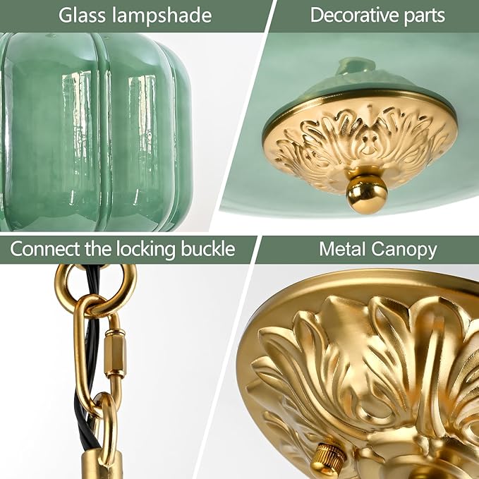Milk Glass Pendant Light, 10 Inch Green Semi Flush Mount Ceiling Light, Vintage Glass Shade Chandelier With Dimmable E26 Base, Adjustable Hanging Rod, Pendant Light for Bedroom, Hallway, Dining Room