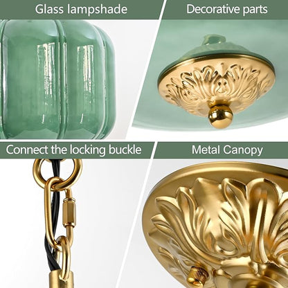Milk Glass Pendant Light, 10 Inch Green Semi Flush Mount Ceiling Light, Vintage Glass Shade Chandelier With Dimmable E26 Base, Adjustable Hanging Rod, Pendant Light for Bedroom, Hallway, Dining Room