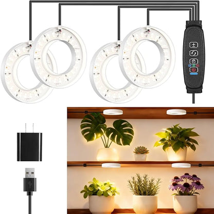 LED Plant Growth Lights for Indoor Plants, Warm+White Full Spectrum 3.54" Grow Lamps for Plant Growth with 6/12/16H Timer, 3 Spectral Modes, 10 Dimmable Levels, Halo Angel Ring White (4 Head)