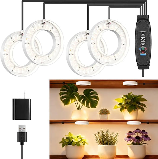 LED Plant Growth Lights for Indoor Plants, Warm+White Full Spectrum 3.54" Grow Lamps for Plant Growth with 6/12/16H Timer, 3 Spectral Modes, 10 Dimmable Levels, Halo Angel Ring White (4 Head)