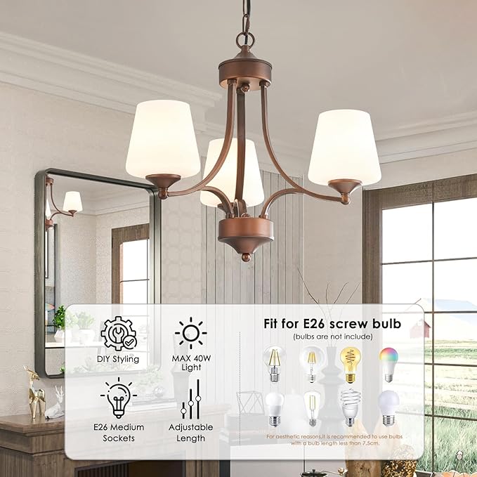 3-Light Oil Rubbed Bronze Chandelier for Dining Room Farmhouse Pendant Light Fixture with Frosted Glass Rustic Ceiling Lighting Modern Hanging Lamp for Kitchen Island Entryway, 47.2" Height Adjustable