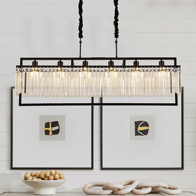 43.7" Modern Black Crystal Chandeliers for Dining Room, Luxury Rectangle 6-Light Kitchen Island Lighting, Linear Hanging Ceiling Pendant Light Fixture for Pool Table Entryway Foyer Hallway