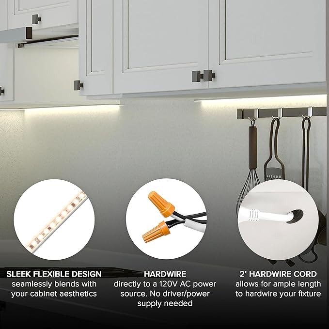 Maxxima 12 in. Hardwired LED Under Cabinet Strip Light, 460 Lumens, 3000K Warm White, Kitchen and Living Room 120V White Cove Lighting, No Power Supply Needed
