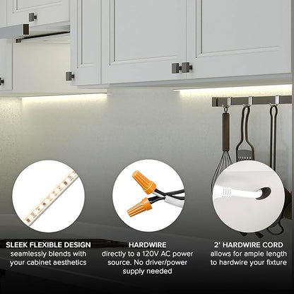 Maxxima 12 in. Hardwired LED Under Cabinet Strip Light, 460 Lumens, 3000K Warm White, Kitchen and Living Room 120V White Cove Lighting, No Power Supply Needed