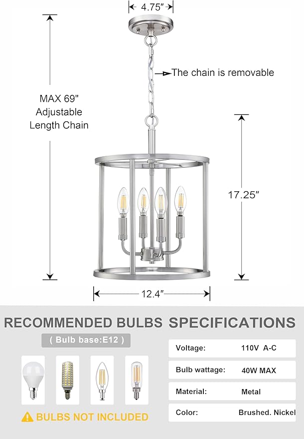 4 Light Hanging Lantern Pendant Light Fixture Geometric Chandelier,Brushed Nickel Finish Adjustable Chain Metal Cage Pendant Lighting for Kitchen Island Dining Room Foyer