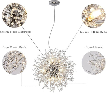 Sputnik Dining Room Chandelier, Modern Dandelion Hanging Lamp, Crystal Beaded Lighting, Round 9-Light Pendant Light Fixtures for Kitchen Island Bedroom Living Room Entryway (Chrome, D19.6inch)