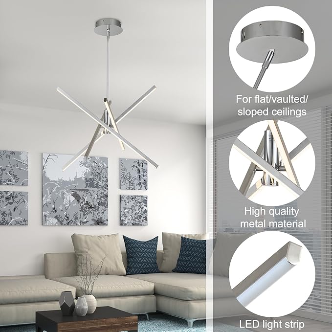 Y'INSP Modern Sputnik Chandeliers, Brushed Nickel Dining Room Light Fixture, LED Linear Pendant Light for Kitchen Island Bedroom Living Room Entryway, LED Embedded Pendant Lighting Fixture