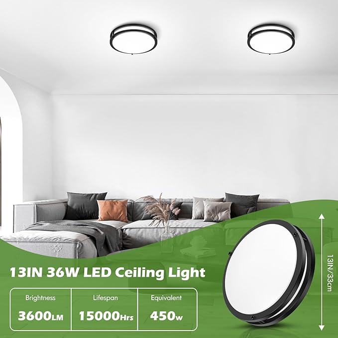 GoBright 13IN Flush Mount LED Ceiling Light Fixture, 2700K/3000K/3500K/4000K/5000K Adjustable Black Ceiling Lights, 36W 3600LM Dimmable Lighting for Hallway Bathroom Kitchen or Stairwell