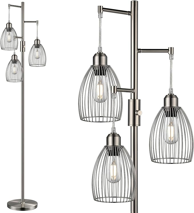 Nintiue Dimmable Floor Lamp, 3 x 800LM LED Edison Bulbs Included, Industrial Floor Lamp Standing Tree Lamp with Elegant Teardrop Cage Heads Tall Lamps for Living Room Bedroom-Brushed Nickel