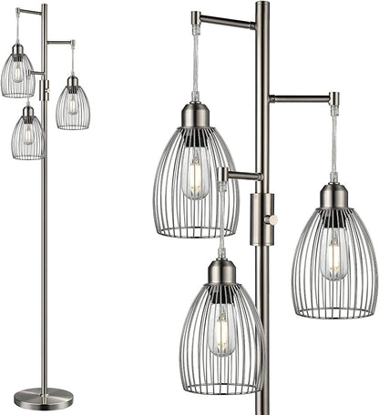 Nintiue Dimmable Floor Lamp, 3 x 800LM LED Edison Bulbs Included, Industrial Floor Lamp Standing Tree Lamp with Elegant Teardrop Cage Heads Tall Lamps for Living Room Bedroom-Brushed Nickel