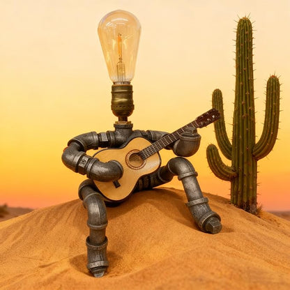 Pipe-Man Guitar-Playing Steampunk Lamp with Edison Bulb, Vintage Industrial Decor Table/Desk Lamp, Unique Handmade Gift for Music Lovers (American Style)