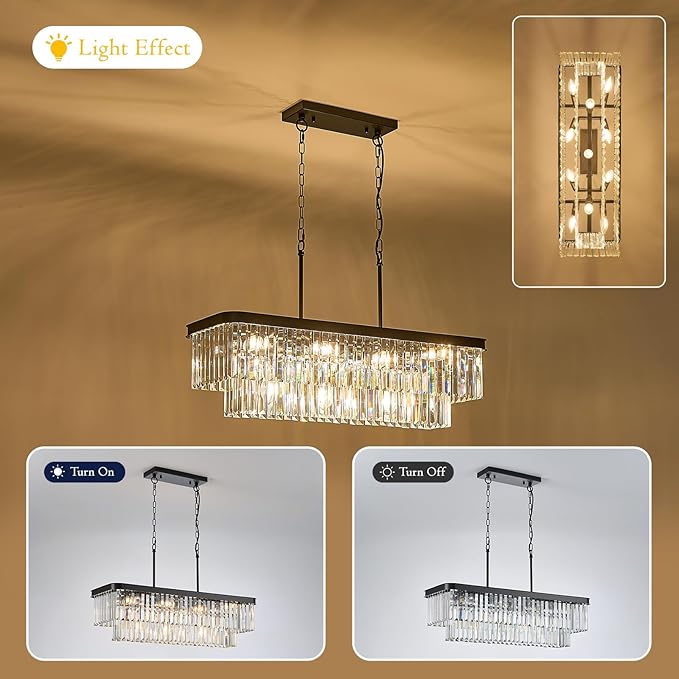 Modern Rectangular Crystal Chandeliers for Dining Room 11 Lights L33.5” Black Rectangle Chandelier Luxury K9 Crystal Ceiling Pendant Light Fixture for Kitchen Island Bar