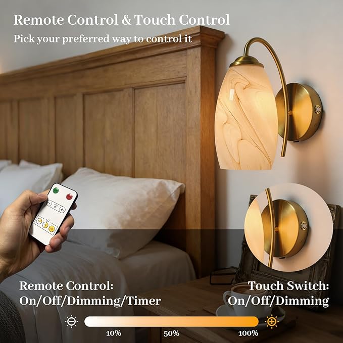 Gold Alabaster Battery Operated Wall Sconces Set of 2, Rechargeable Wireless Brass Wall Lights, Touch & Remote Control, Dimmable 3 Color Temperatures, Vintage Mount Hand-Blown Glass Sconce for Bedroom