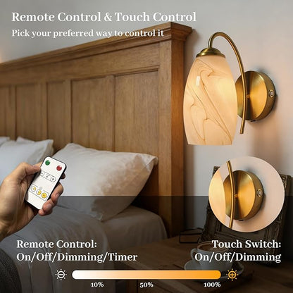 Gold Alabaster Battery Operated Wall Sconces Set of 2, Rechargeable Wireless Brass Wall Lights, Touch & Remote Control, Dimmable 3 Color Temperatures, Vintage Mount Hand-Blown Glass Sconce for Bedroom
