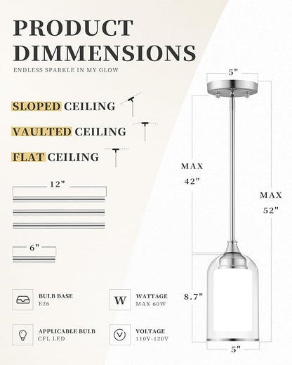 LIROUVET 2 Pack Pendant Light Fixtures, Modern Dual Glass Pendant Lights, Brushed Nickel Hanging Light with Clear and Milk Glass, Pendant Lights Kitchen Island for Dining Room PL02BN-2PK