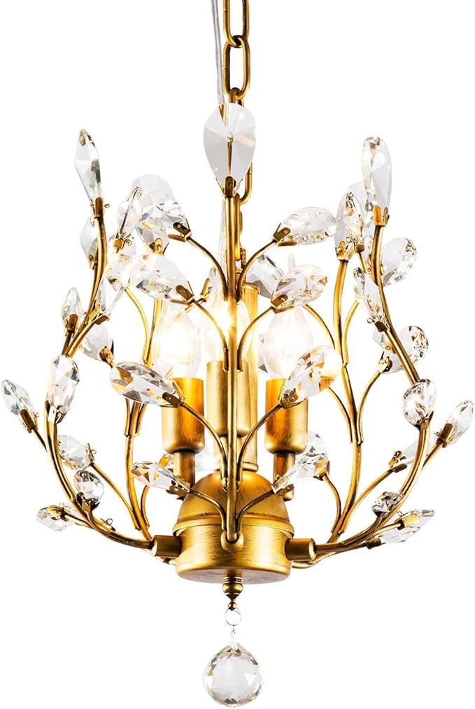 Garwarm 3-Light Crystal Chandeliers,Ceiling Lights,Crystal Pendant Lighting,Ceiling Light Fixtures for Living Room Dining Room Bedroom Restaurant Porch(Gold)