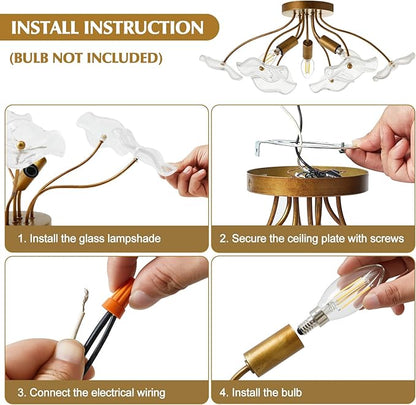 Luvkczc Semi Flush Mount Ceiling Light, Modern Gold Ceiling Light Fixture, Vintage Brass Lighting for Kitchen Entryway Hallway Bathroom Bedroom Foyer, 3 Light E12 Socket