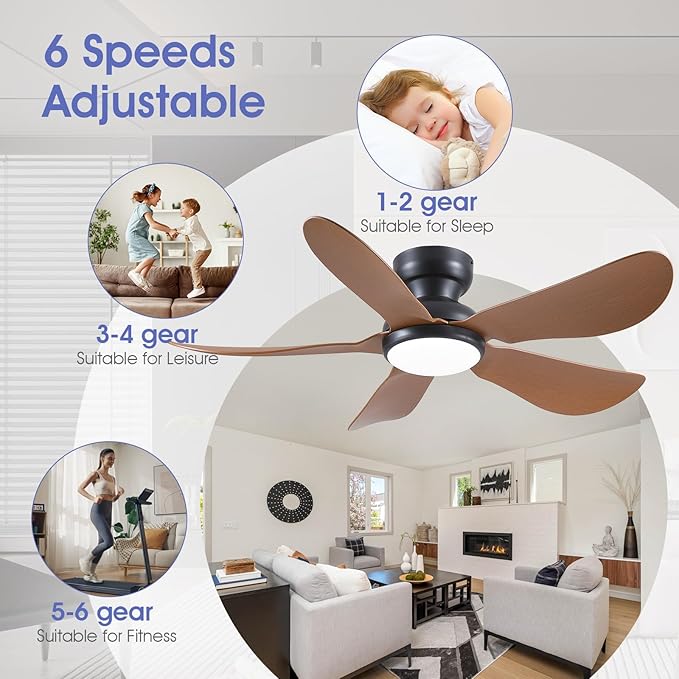 Kviflon 46 Inch Modern Ceiling Fans with Lights, Flush Mount Ceiling Fan, Remote/APP Control, 5 Reversible Curved Blades, 6 Speeds, 3 CCT Dimmable LED Lights for Bedroom Kids Room, Brown