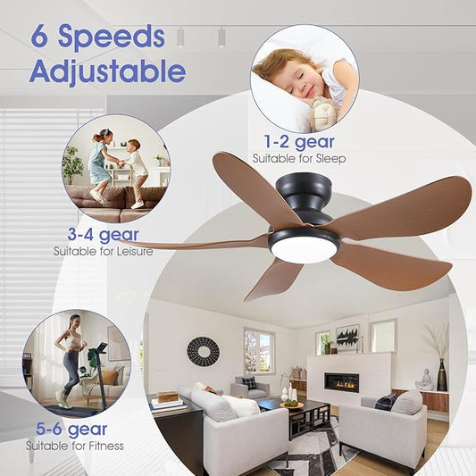 Kviflon 46 Inch Modern Ceiling Fans with Lights, Flush Mount Ceiling Fan, Remote/APP Control, 5 Reversible Curved Blades, 6 Speeds, 3 CCT Dimmable LED Lights for Bedroom Kids Room, Brown