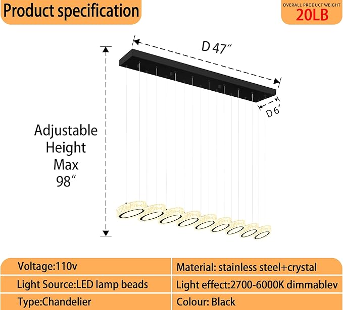 Rectangular Crystal Chandelier for Dining Room Pendant Chandelier for Kitchen Modern Linear Crystal Chandeliers Over Table Black 9 Lights