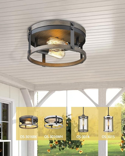 2-Light Farmhouse Flush Mount Ceiling Light, 12 inch Kitchen Ceiling Light, Round Rustic Light Fixtures with Black & Wood Grain Finish for Entryway Hallway, OS-3016BK