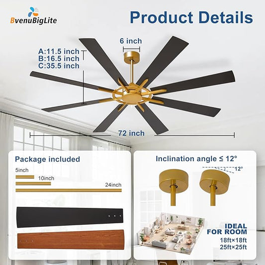 Large Ceiling Fan No Light: Modern 72 Inch 8 Blade Outdoor Ceiling Fans with Remote APP Control - Black Gold Big Fan without Light Indoor Reversible 6 Speed Quiet DC Motor