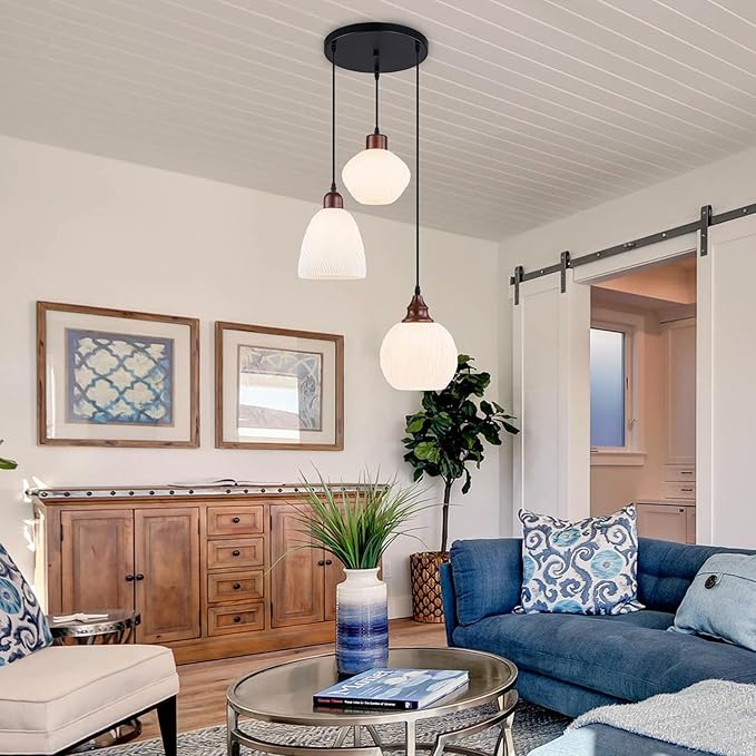 Cluster Pendant Lights for Kitchen Island, 3-Light Pendant Light Fixtures with 3D Printed Ribbed Shade, Adjustable Hanging Pendant Light for Dining Room
