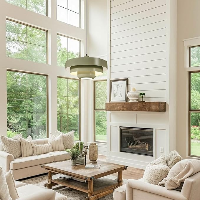 Retro Farmhouse Olive Green Pendant Light, Adjustable 59" Cord Mid Century Modern 3-Tier Hanging Light Fixture for Kitchen Island Dining Room Living Room