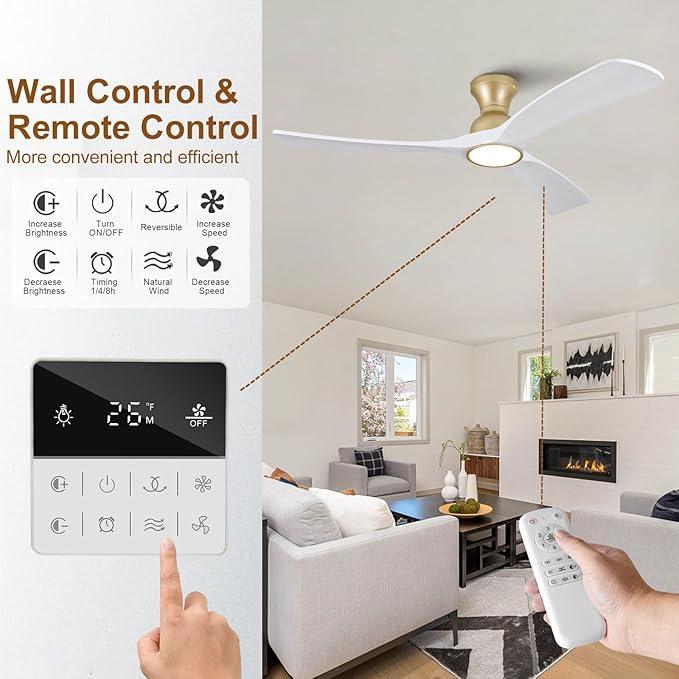 White Gold Ceiling Fans with Lights Flush Mount,52 inch Solid Wood,Remote Control,Wall Switch,Dimmable,Reversible,Power Off Memory Modern Ceiling Fan for Bedroom Patio Indoor/Outdoor Use