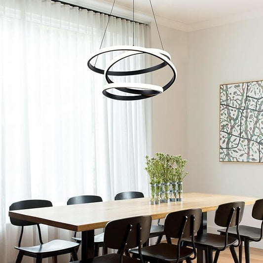 Mayful Modern Chandelier with Remote Control, 3-Color Dimmable LED Pendant Light Fixtures, Height Adjustable Kitchen Island Lighting for Dining Room,Bedroom,Living Room,Foyer,Office Black 19.7 inches