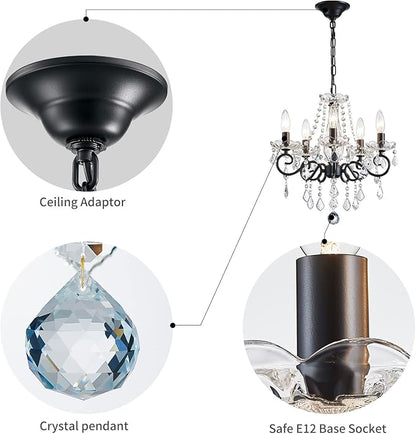 ANJIADENGSHI Small Crystal Chandelier, Modern Black Chandelier Dining Room Light Fixture, Mini Crystal Pendant Light for Bedroom Ceiling Light Fixture for Living Room Entryway Kitchen Island Hallway