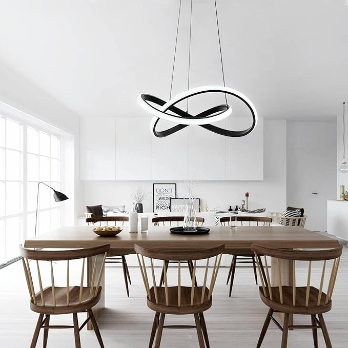 MAYNA Modern LED Pendant Light with Remote Control, 3-Color Dimmable Contemporary LED Chandelier with Irregular Ring Lights, Modern Chandeliers for Dining Room Kitchen, Black 25.6 inch