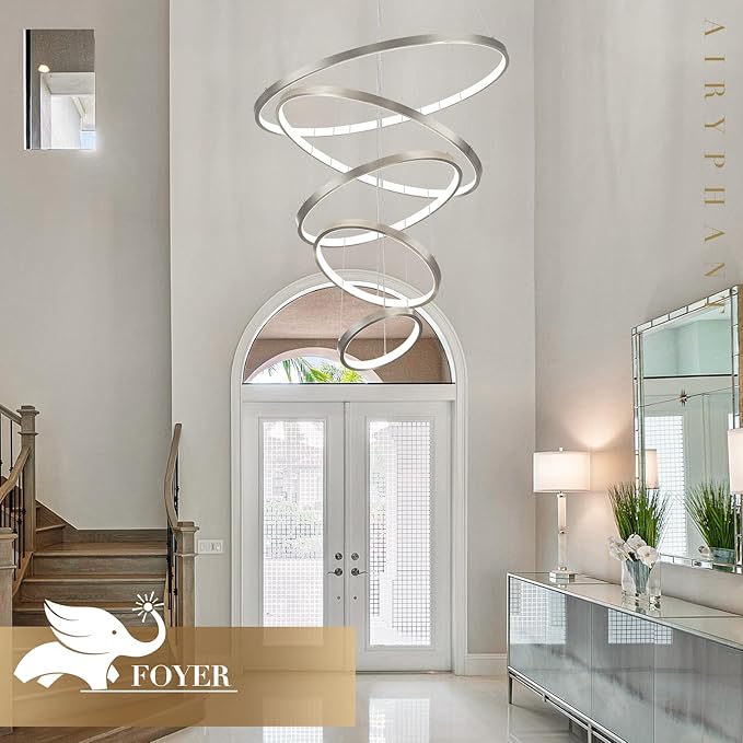 5 Rings Brushed Nickel Ring Chandeliers Moedrn LED Chandeliers Dimmable Foyer Chandelier for High Ceiling Dimmable Contemporary Nickel Chandelier for Living Room Staircase Entryway, 3000K-6500K