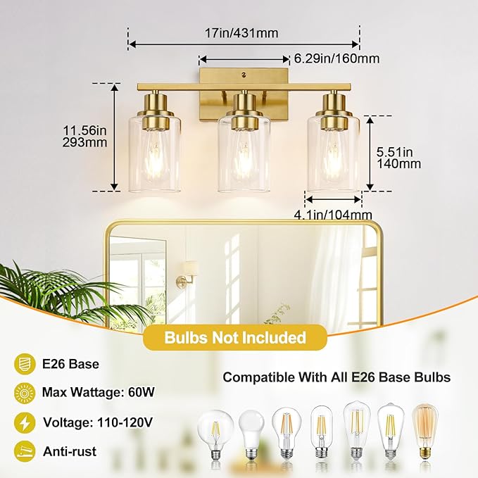 Indoi 3-Light Vanity Lights with Clear Glass Shades, Brushed Gold Bathroom Light Fixtures Over Mirror, Modern Bathroom Wall Lamp for Mirror Living Room Cabinet Bedroom Porch