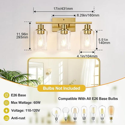 Indoi 3-Light Vanity Lights with Clear Glass Shades, Brushed Gold Bathroom Light Fixtures Over Mirror, Modern Bathroom Wall Lamp for Mirror Living Room Cabinet Bedroom Porch