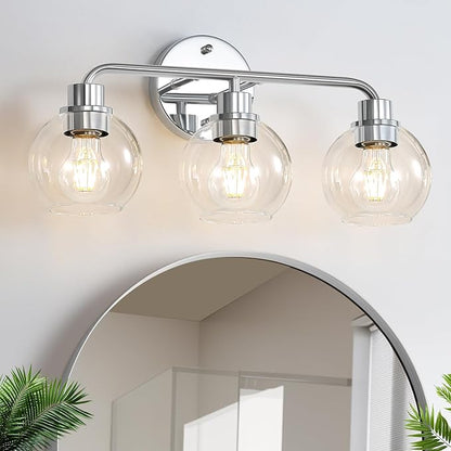 Bathroom Light Fixtures Chrome Vanity Light Silver 3 Light Modern Wall Sconces Lighting Bathroom Lights with Globe Glass Shades Bath Wall Lights Wall Lamp for Mirror Kitchen Living Room Hallway