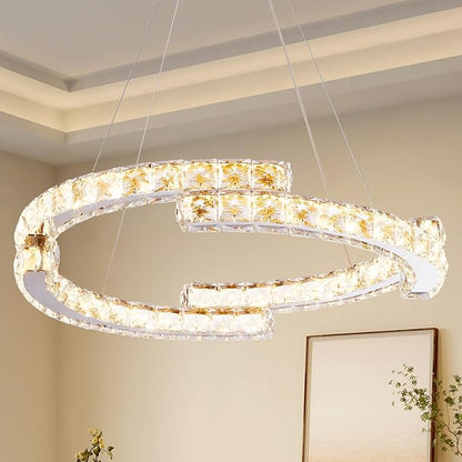 Depuley Modern LED Crystal Chandeliers: 23.6" Curved Ring Chandelier Hanging Crystal Ceiling Light Fixture - 42W Adjustable Height Pendant Light for Living Room Dining Room Bedroom Foyer