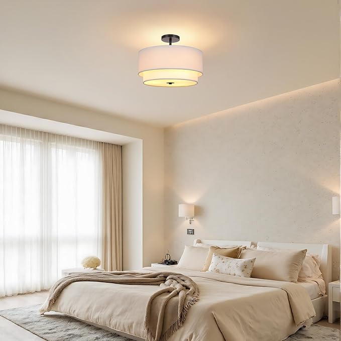 FRIDEKO HOME Semi Flush Mount Ceiling Light - Double Drum 3-Light Ceiling Light Fixture Farmhouse Chandelier with White 2-Layer Classic Fabric Linen Shade for Bedroom Hallway Living Room Kitchen