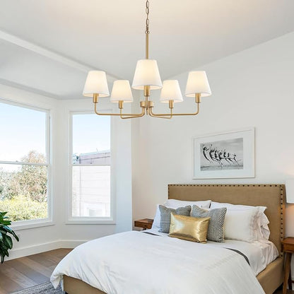 Gold Chandeliers for Dining Room 30” Bedroom Light Fixture with White Fabric Shade 5-Light Modern Farmhouse Chandelier Adjustable Pendant Lighting Fixtures for Kitchen Island,Living Room,Entryway