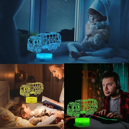 Garbage Truck Night Light, Garbage Truck Car Gifts, Sanitation Truck 3D Illusion Lamp with 16 Colors Changing, Timer, 4 Flash Modes and Dimmable, Kids Boys Girls Room Decoration, Holiday Xmas Gifts
