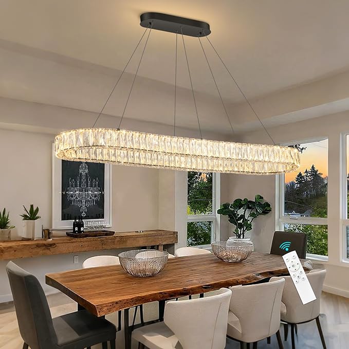 HAIXIANG Modern Crystal Chandelier Dimmable LED Long Chandeliers for Dining Table Pendant Lights Rectangular Glam Lighting Fixtures for Dining Room Kitchen Island Black